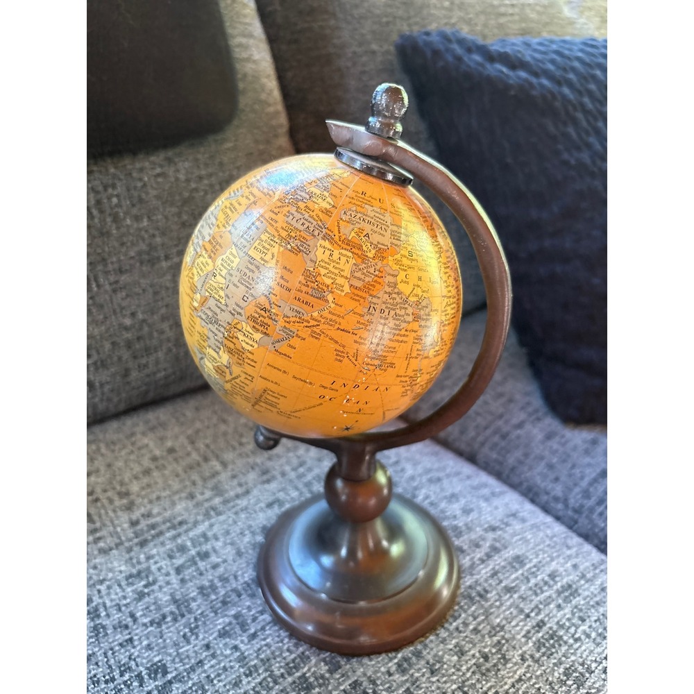 Vintage Style Desktop World Globe with Wood Base 8.5 Inch Small Gold Map Decor